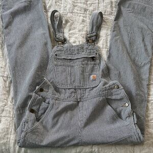 Carhartt Navy and White Striped Canvas Bib Overalls XS Tall 0/2 and 100% cotton